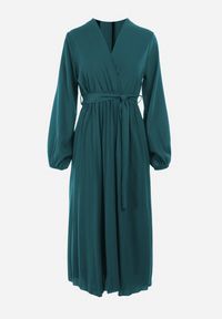 Born2be - Ciemnozielona Sukienka Mesyre. Okazja: na randkę, do pracy. Typ kołnierza: dekolt w kształcie V. Kolor: zielony. Materiał: materiał. Typ sukienki: kopertowe, plisowane. Długość: midi #6