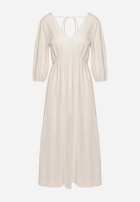 Born2be - Beżowa Rozkloszowana Bawełniana Sukienka Boho z Wiązaniem i Gumką w Talii Lawla. Okazja: na co dzień. Typ kołnierza: dekolt w kształcie V. Kolor: beżowy. Materiał: bawełna. Typ sukienki: rozkloszowane. Styl: boho #2