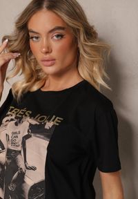 Renee - Czarny Bawełniany T-shirt z Brokatem i Nadrukiem Nalamis. Okazja: na co dzień, na spacer. Kolor: czarny. Materiał: bawełna. Wzór: nadruk. Styl: klasyczny, elegancki, casual #4