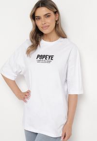 Born2be - Biały T-shirt Oversize z Bawełny Ozdobiony Napisem Ascadia. Kolor: biały. Materiał: bawełna. Wzór: napisy, aplikacja