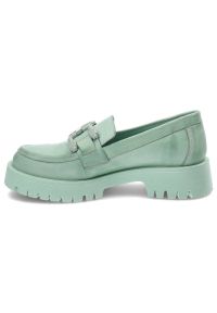 Zielone Mokasyny Venezia Stylowe Buty Damskie. Okazja: do pracy, na spotkanie biznesowe. Zapięcie: bez zapięcia. Kolor: zielony. Szerokość cholewki: normalna. Materiał: skóra. Sezon: wiosna. Obcas: na obcasie. Styl: elegancki. Wysokość obcasa: niski #7