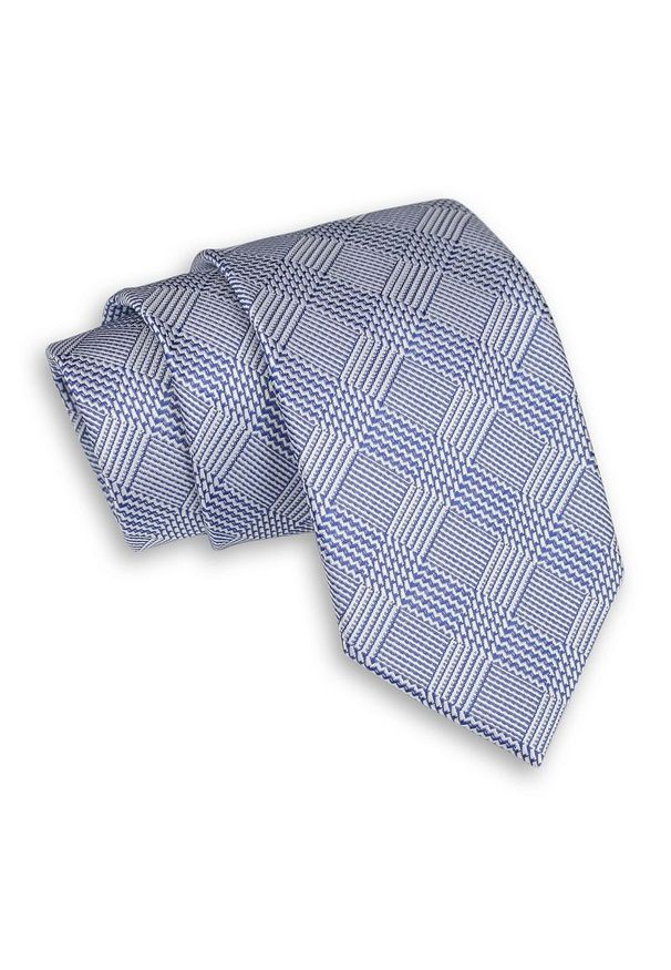 Niebiesko-Szary Męski Krawat -Chattier- 7,5cm, Klasyczny, Szeroki, Elegancki, w Kratkę, Zygzaki. Kolor: niebieski. Materiał: tkanina. Wzór: kratka. Styl: klasyczny, elegancki