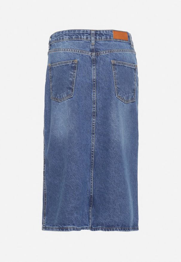 Born2be - Niebieska Jeansowa Bawełniana Spódnica z Rozcięciem Ozdobiona Perłami i Cyrkoniami Efilux. Okazja: na co dzień. Kolor: niebieski. Materiał: bawełna, jeans. Wzór: aplikacja. Styl: elegancki, casual