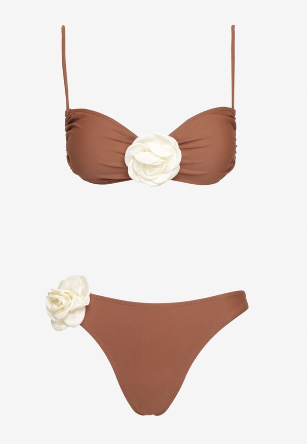 Renee - Brązowe Bikini z Wiązaną Górą Ozdobione Kwiatowymi Aplikacjami Rivashan. Kolor: brązowy. Wzór: aplikacja, kwiaty
