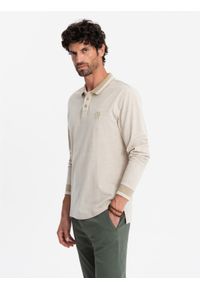Ombre Clothing - Melanżowy męski polo longsleeve z haftem – piaskowy melanż V4. Okazja: na co dzień. Typ kołnierza: polo. Materiał: bawełna, dzianina. Długość rękawa: długi rękaw. Długość: długie. Wzór: melanż, haft. Styl: klasyczny, sportowy, casual #5