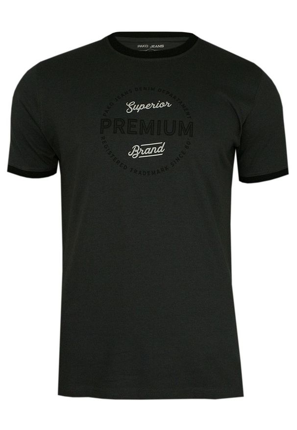 Pako Jeans - Grafitowy Bawełniany T-Shirt -PAKO JEANS- Męski, Okrągły Dekolt, Krótki Rękaw, z Napisami, Nadrukiem. Okazja: na co dzień. Kolor: szary. Materiał: bawełna. Długość rękawa: krótki rękaw. Długość: krótkie. Wzór: nadruk. Styl: casual