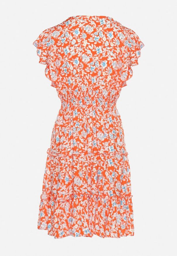 Born2be - Pomarańczowa Sukienka z Wiskozy w Kwiatowy Wzór z Kopertowym Dekoltem Avafia. Okazja: na co dzień. Kolor: pomarańczowy. Materiał: wiskoza. Długość rękawa: krótki rękaw. Wzór: kwiaty. Sezon: lato. Typ sukienki: kopertowe. Styl: casual, klasyczny