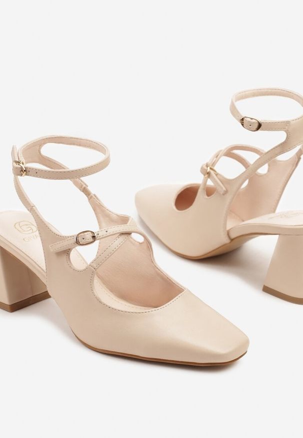 Born2be - Beżowe Sandały na Słupku w Stylu Mary Jane z Paseczkami Tirozia. Okazja: na co dzień. Kolor: beżowy. Obcas: na słupku. Styl: casual, elegancki