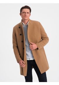 Ombre Clothing - Płaszcz męski z asymetrycznym zapięciem - camel V4 - Rozmiar: S. Materiał: wiskoza, poliester