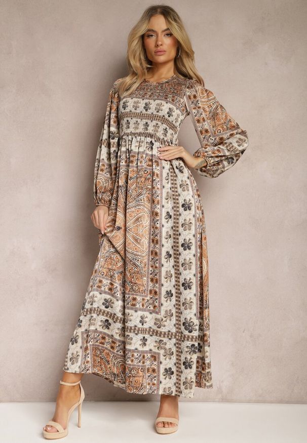 Renee - Beżowa Sukienka Maxi Boho z Bufiastym Rękawem i Rozkloszowanym Dołem Veltiana. Okazja: na co dzień. Kolor: beżowy. Materiał: materiał. Typ sukienki: proste, rozkloszowane. Styl: boho. Długość: maxi
