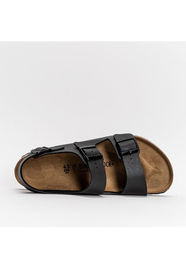 Birkenstock Milano BF Sandały Unisex. Okazja: na co dzień, na spacer. Zapięcie: pasek. Kolor: czarny. Materiał: skóra, syntetyk, materiał. Wzór: paski. Styl: klasyczny, casual, elegancki