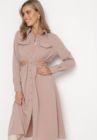 Born2be - Beżowa Sukienka Koszulowa Pildia. Okazja: na co dzień. Kolor: beżowy. Materiał: tkanina. Długość rękawa: długi rękaw. Typ sukienki: koszulowe. Styl: elegancki, casual. Długość: midi #2