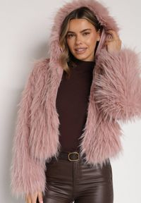 Born2be - Różowa Kurtka Futerko na Suwak z Kapturem Zetale. Okazja: na spacer. Typ kołnierza: kaptur. Kolor: różowy. Materiał: futro. Wzór: gładki #3