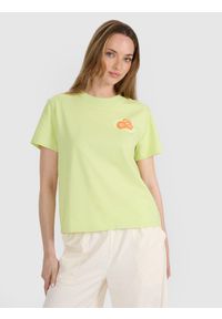 4f - 4F T-shirt oversize z nadrukiem damski - żółty L. Okazja: na co dzień. Kolor: żółty. Materiał: jersey, tkanina, dzianina, bawełna, materiał. Długość rękawa: krótki rękaw. Długość: krótkie. Wzór: nadruk. Sezon: lato. Styl: sportowy, klasyczny, casual