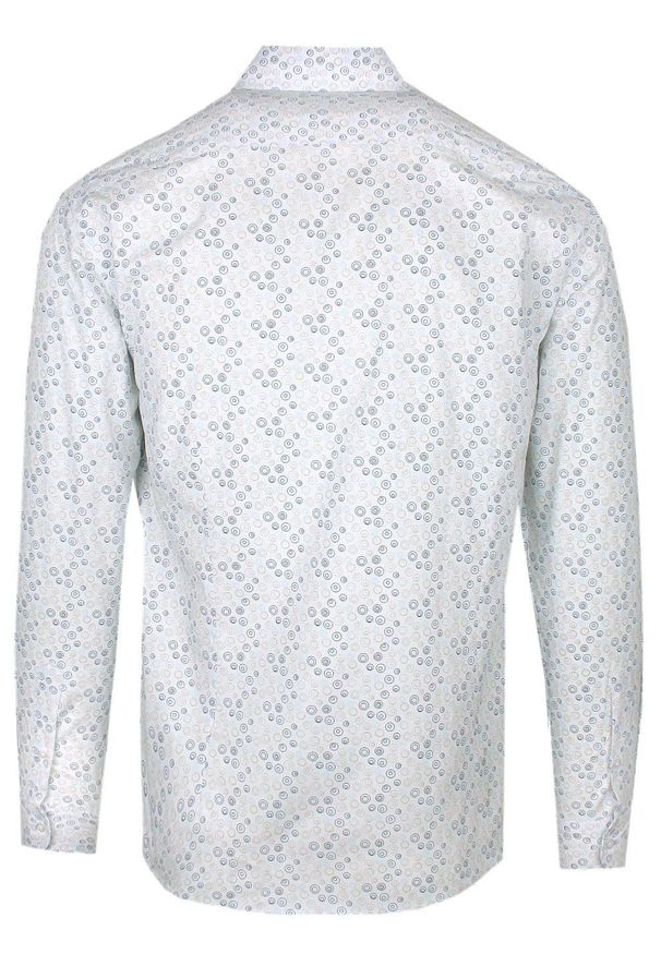 Koszula o Taliowanym Kroju - Victorio - Biała w Grochy (Bąbelki). Kolor: biały. Materiał: bawełna, elastan. Wzór: grochy. Styl: elegancki