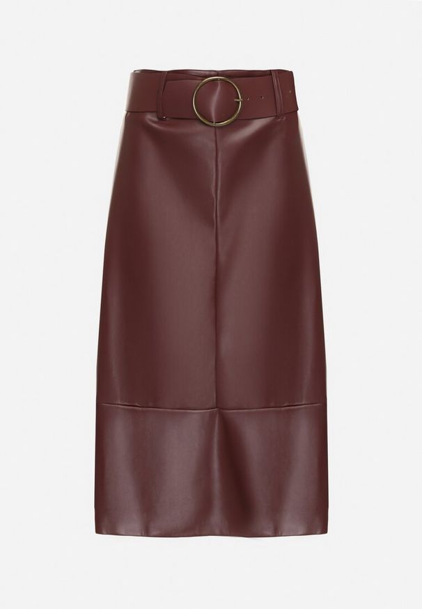 Born2be - Bordowa Trapezowa Spódnica z Imitacji Skóry z Paskiem z Okrągłą Klamrą Salendia. Okazja: do pracy, na co dzień, na spotkanie biznesowe. Stan: podwyższony. Kolor: czerwony. Materiał: skóra. Styl: casual, biznesowy