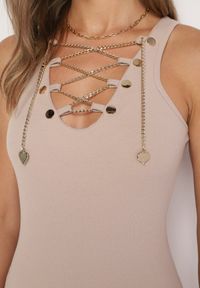 Born2be - Beżowa Bawełniana Sukienka Prążkowana z Ozdobnie Wiązanym Dekoltem Vikimarra. Okazja: na co dzień. Kolor: beżowy. Materiał: prążkowany, bawełna. Długość rękawa: krótki rękaw. Styl: wizytowy, klasyczny, casual, elegancki #5