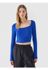 4f - 4F Longsleeve slim gładki damski - niebieski S. Okazja: na co dzień. Typ kołnierza: dekolt w karo. Kolor: niebieski. Długość: długie. Wzór: gładki. Materiał: dzianina, elastan, materiał, wiskoza, jersey. Długość rękawa: długi rękaw. Sezon: wiosna, lato. Styl: casual, klasyczny, sportowy #1
