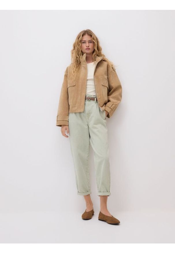 Reserved - Jeansy paperbag - zielony. Kolor: zielony