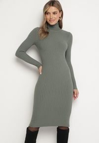 Born2be - Ciemnozielona Sukienka Prążkowana o Dopasowanym Kroju z Golfem Kaszmirem Bawełną i Wełną Vaithessa. Okazja: na co dzień. Typ kołnierza: golf. Kolor: zielony. Materiał: wełna, bawełna, prążkowany, kaszmir. Długość rękawa: długi rękaw. Styl: casual, elegancki #5
