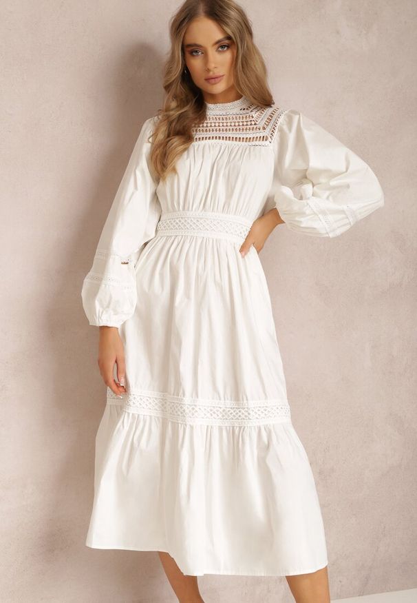 Renee - Biała Sukienka Diomime. Kolor: biały. Materiał: tkanina, koronka. Wzór: aplikacja, gładki, haft, koronka. Styl: boho
