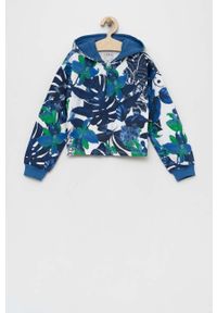 Guess bluza bawełniana dziecięca kolor niebieski z kapturem wzorzysta. Typ kołnierza: kaptur. Kolor: niebieski. Materiał: bawełna #1