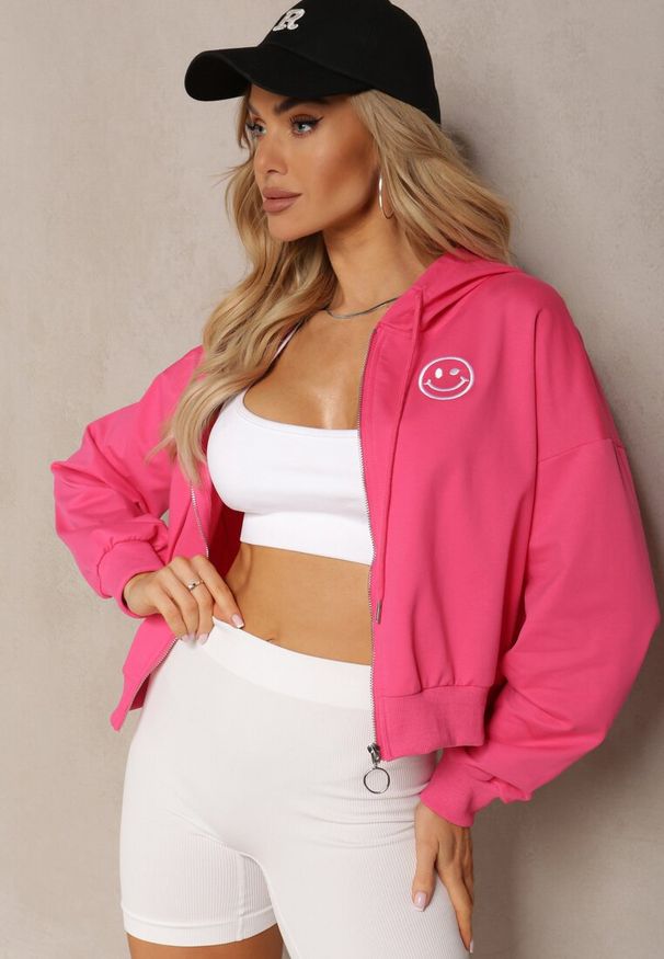 Renee - Fuksjowa Bluza Rozpinana z Wyszytą Emotką i Kapturem Cornoria. Okazja: na co dzień. Kolor: różowy. Materiał: dzianina. Długość rękawa: długi rękaw. Długość: długie. Styl: młodzieżowy, casual
