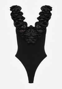 Renee - Czarne Body z Bawełny na Ramiączkach z Ozdobną Falbanką przy Dekolcie Sanadia. Kolor: czarny. Materiał: bawełna. Długość rękawa: na ramiączkach. Styl: klasyczny, elegancki #7