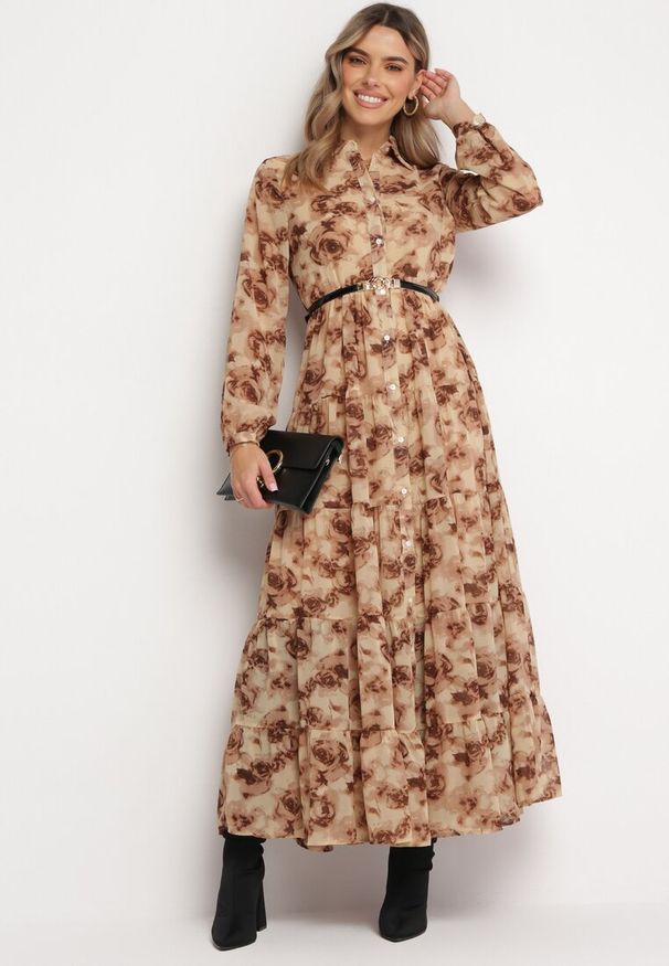 Born2be - Beżowa Koszulowa Sukienka Maxi z Falbanką Mersa. Kolor: beżowy. Typ sukienki: koszulowe. Długość: maxi