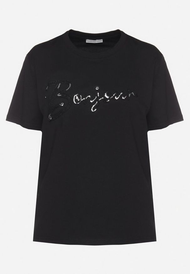 Born2be - Czarny T-shirt z Bawełny o Kroju Oversize z Haftem i Cekinami Uliowena. Okazja: na co dzień, na spacer. Kolor: czarny. Materiał: bawełna. Wzór: haft. Sezon: lato. Styl: casual