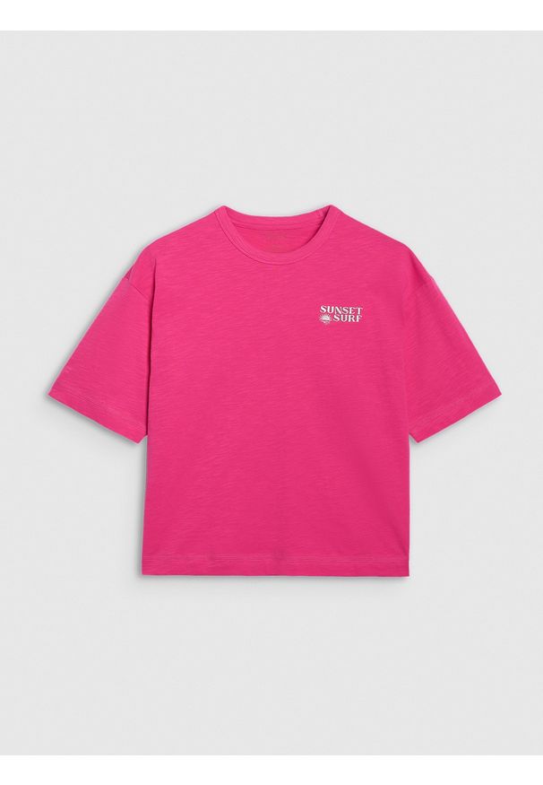 4f - 4F T-shirt oversize z nadrukiem damski - różowy M. Okazja: na co dzień. Kolor: różowy. Materiał: jersey, tkanina, dzianina, bawełna, materiał. Długość rękawa: krótki rękaw. Długość: krótkie. Wzór: nadruk. Sezon: lato. Styl: sportowy, klasyczny, casual