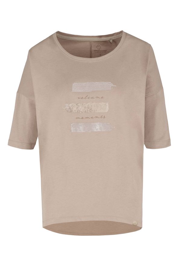 Volcano - Bluzka z printem, Comfort Fit, T-MOOM. Kolor: kremowy. Materiał: materiał, bawełna, skóra. Wzór: nadruk