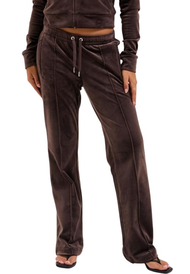 Juicy Couture - JUICY COUTURE Czekoladowe spodnie dresowe damskie z cyrkoniami Tina Outline, Rozmiar S. Kolor: brązowy. Materiał: dresówka