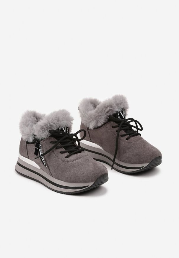Renee - Szare Sneakersy na Płaskiej Podeszwie z Napisem i Futerkiem Taricea. Okazja: na co dzień. Zapięcie: sznurówki. Kolor: szary. Materiał: futro. Wzór: napisy. Obcas: na płaskiej podeszwie