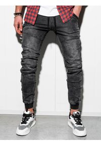Ombre Clothing - Spodnie męskie jeansowe joggery P551 - czarne - XL. Kolor: czarny. Materiał: jeans. Wzór: nadruk, gładki