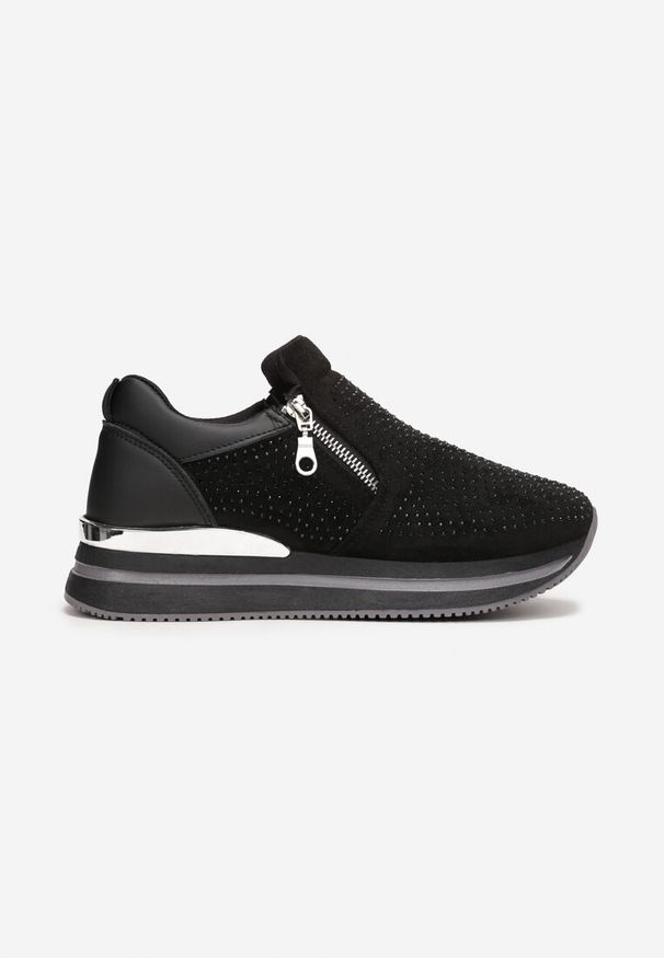 Born2be - Czarne Sneakersy na Platformie z Suwakami i Cyrkoniami Difera. Kolor: czarny. Szerokość cholewki: normalna. Obcas: na platformie