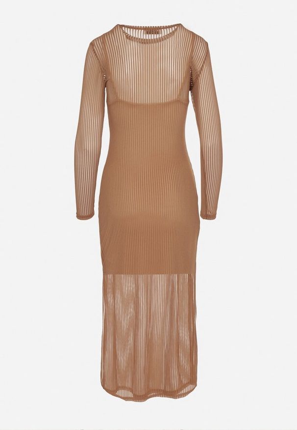 Born2be - Brązowa Sukienka Siateczkowa w Prążki z Wiskozą Niniria. Okazja: na co dzień. Kolor: brązowy. Materiał: wiskoza. Długość rękawa: na ramiączkach. Wzór: prążki. Typ sukienki: proste. Styl: elegancki, casual