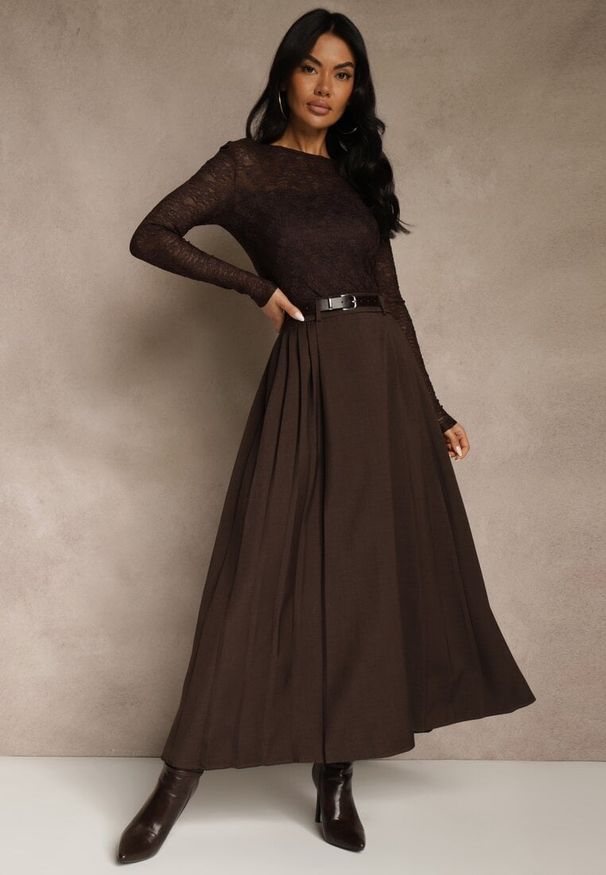 Renee - Brązowa Rozkloszowana Spódnica z Wiskozy z Dodatkowym Paskiem z Klamrą Lowedina. Kolor: brązowy. Materiał: wiskoza