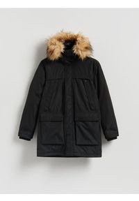 Reserved - Kurtka parka z kapturem - czarny. Typ kołnierza: kaptur. Kolor: czarny. Materiał: tkanina. Wzór: gładki