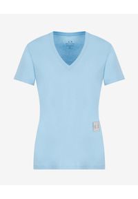 Armani Exchange - ARMANI EXCHANGE - Niebieski bawełniany T-shirt w serek. Typ kołnierza: dekolt w serek. Kolor: niebieski. Materiał: bawełna. Wzór: aplikacja #3