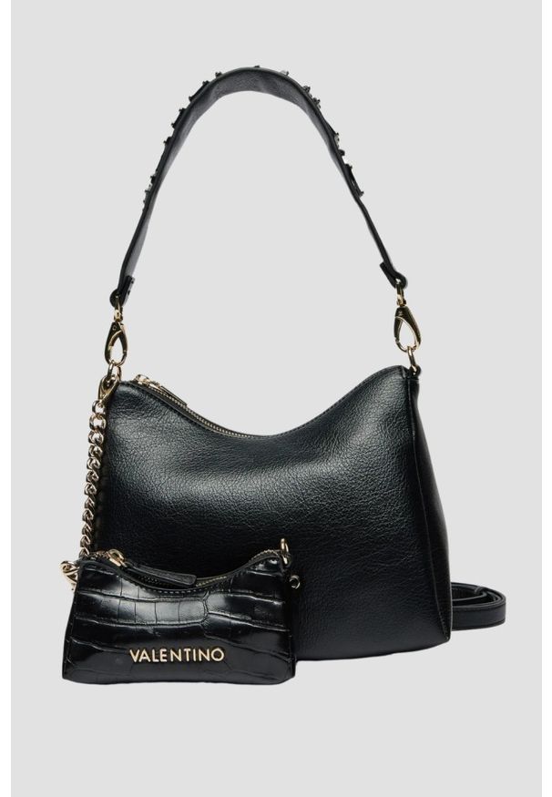 Valentino by Mario Valentino - VALENTINO Czarna damska torebka Kalimba Hobo Bag z saszetką. Kolor: czarny. Wzór: paski. Materiał: skórzane. Styl: elegancki