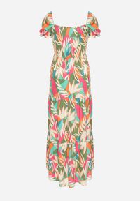 Born2be - Zielona Wiskozowa Sukienka w Kwiaty z Wiązaniem przy Dekolcie i Falbanką Meviera. Okazja: na co dzień, na randkę, na spacer. Kolor: zielony. Materiał: wiskoza. Wzór: kwiaty. Sezon: lato. Styl: casual #6