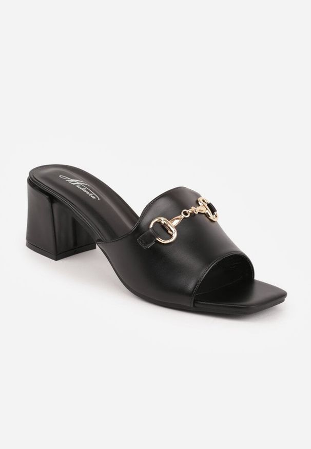 Renee - Czarne Klapki na Słupku z Kwadratowym Noskiem i Elegancką Klamerką Genissa. Okazja: na co dzień. Kolor: czarny. Materiał: len. Obcas: na słupku. Styl: elegancki. Wysokość obcasa: średni