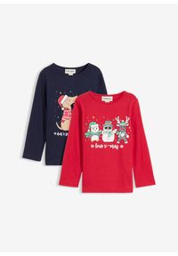 bonprix - Shirt dziewczęcy z długim rękawem i bożonarodzeniowym nadrukiem (2 szt.), z bawełny organicznej. Kolor: czerwony. Materiał: bawełna. Długość rękawa: długi rękaw. Długość: długie. Wzór: nadruk