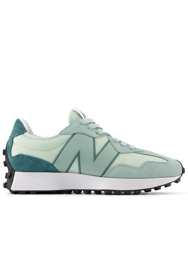 Buty New Balance U327ME - zielone. Okazja: na co dzień. Zapięcie: sznurówki. Kolor: zielony. Materiał: guma, skóra, zamsz, prążkowany, materiał. Szerokość cholewki: normalna