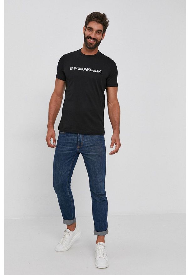 Emporio Armani - T-shirt bawełniany. Okazja: na co dzień. Kolor: czarny. Materiał: bawełna. Wzór: nadruk. Styl: casual