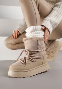 Born2be - Ciemnobeżowe Śniegowce na Grubej Podeszwie z Futerkiem Alwedra. Okazja: na co dzień. Kolor: beżowy. Materiał: futro. Styl: casual, elegancki, sportowy #4