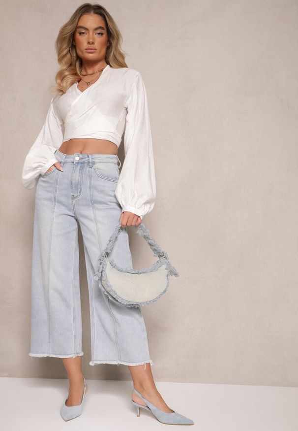 Renee - Niebieskie Szerokie Jeansy High Waist z Bawełną i Przeszyciami Silsemi. Stan: podwyższony. Kolor: niebieski