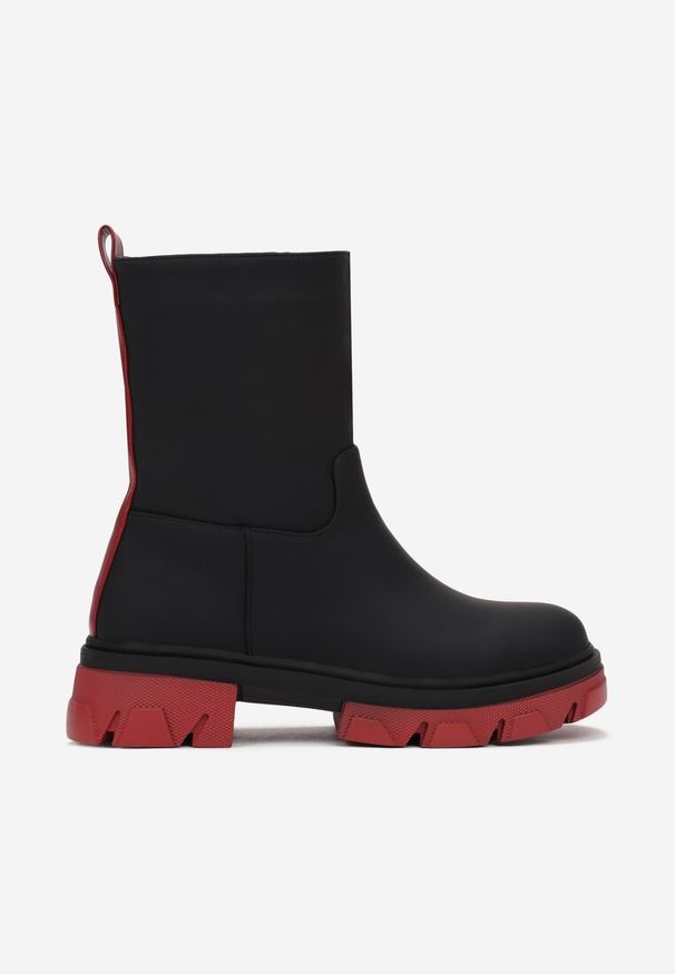 Renee - Czarno-Czerwone Botki Mosesca. Nosek buta: okrągły. Zapięcie: bez zapięcia. Kolor: czarny. Materiał: jeans, materiał. Szerokość cholewki: normalna. Obcas: na obcasie. Styl: street. Wysokość obcasa: średni