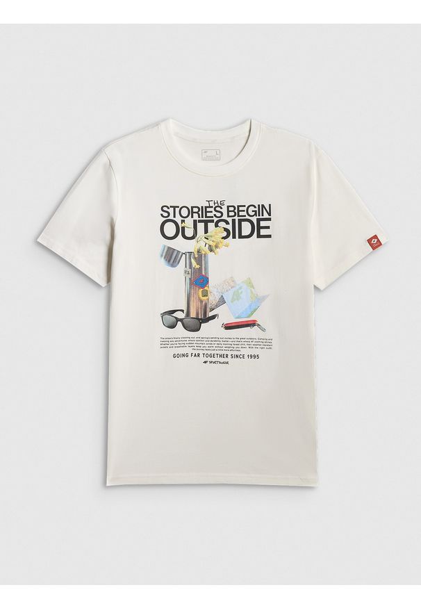 4f - 4F T-shirt regular z nadrukiem męski - biały M. Okazja: na co dzień. Kolor: biały. Materiał: dzianina, bawełna, materiał. Wzór: nadruk. Styl: casual, klasyczny